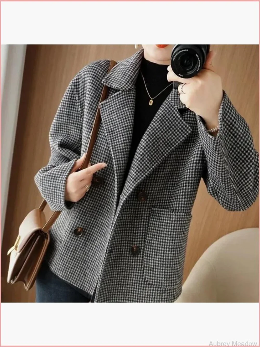 Cropped Wool Pea Coat Houndstooth Double Breasted Short Blazer Jacket